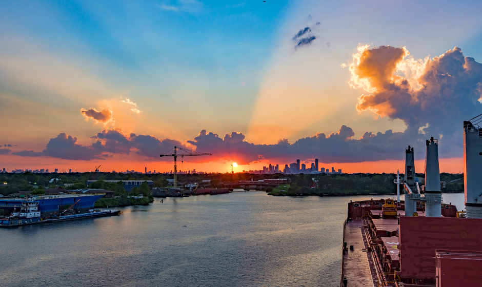 A freight vessel approaches the Port of Houston