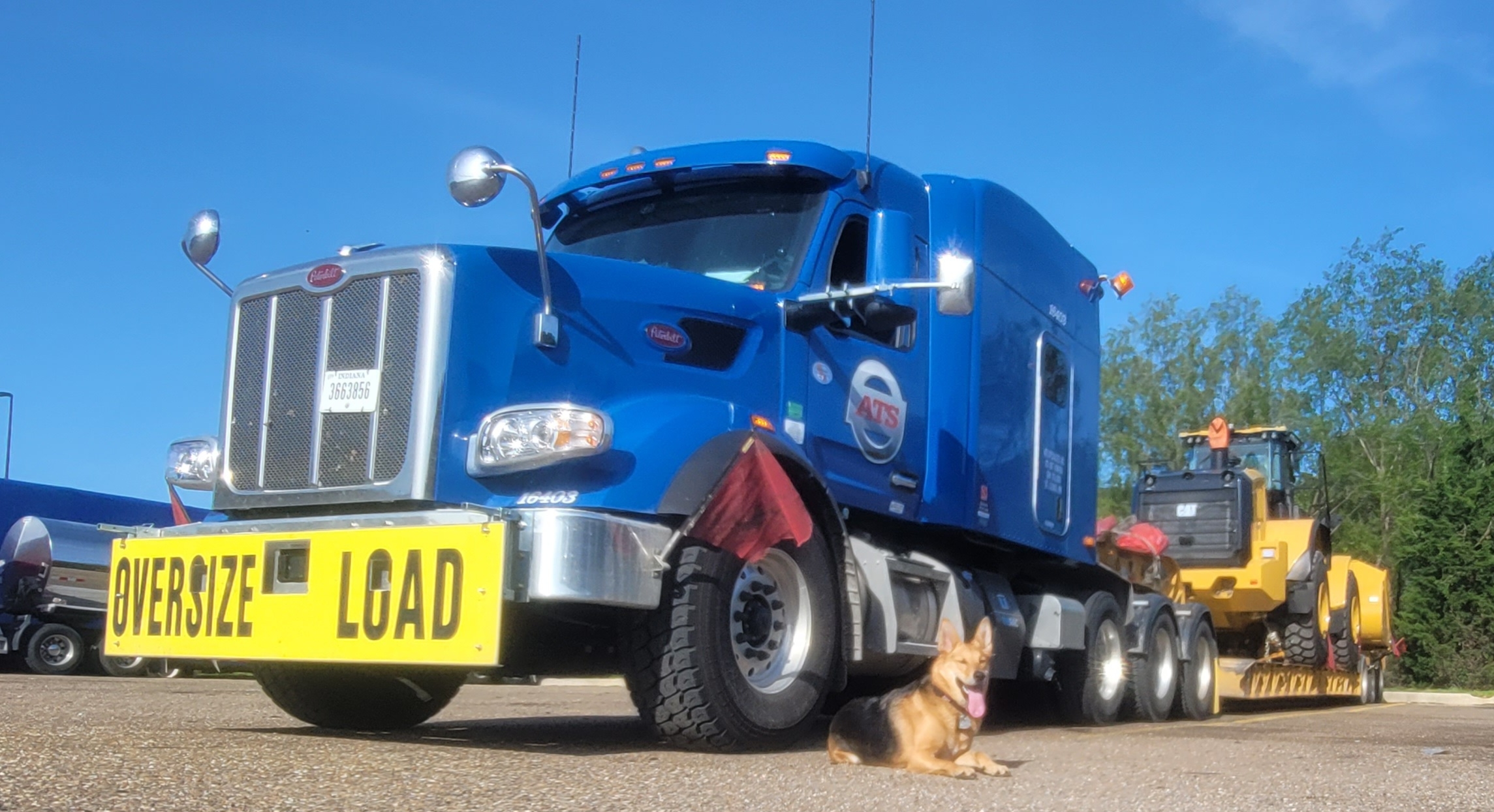 An ATS truck bearing an oversize load sign hauls an open-deck trailer loaded with heavy construction equipment. A German Shepard lounges in the foreground.