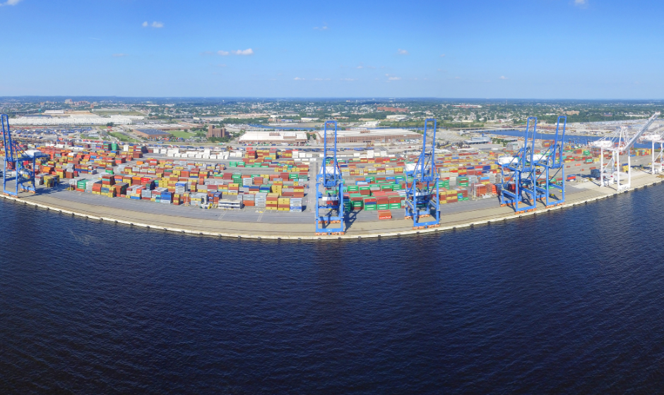 An aerial view of the Port of Baltimore taken from over the water.