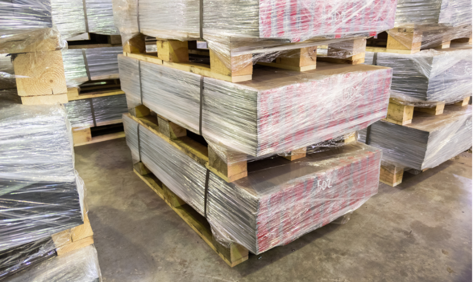 Stacked pallets of shrink-wrapped freight