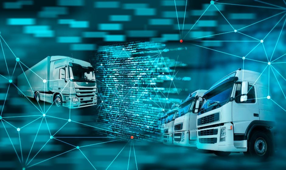 Two trucks on a cyber blue background representing a network