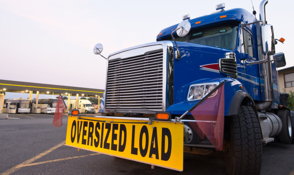 A semi truck bearing an oversize load banner