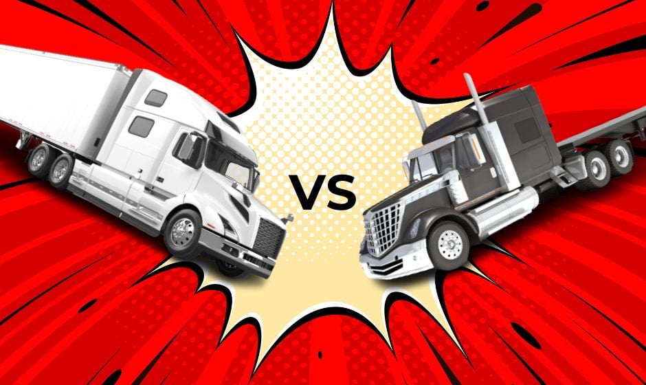 Comic book-style image of a dry van truck and flatbed truck "versus" each other