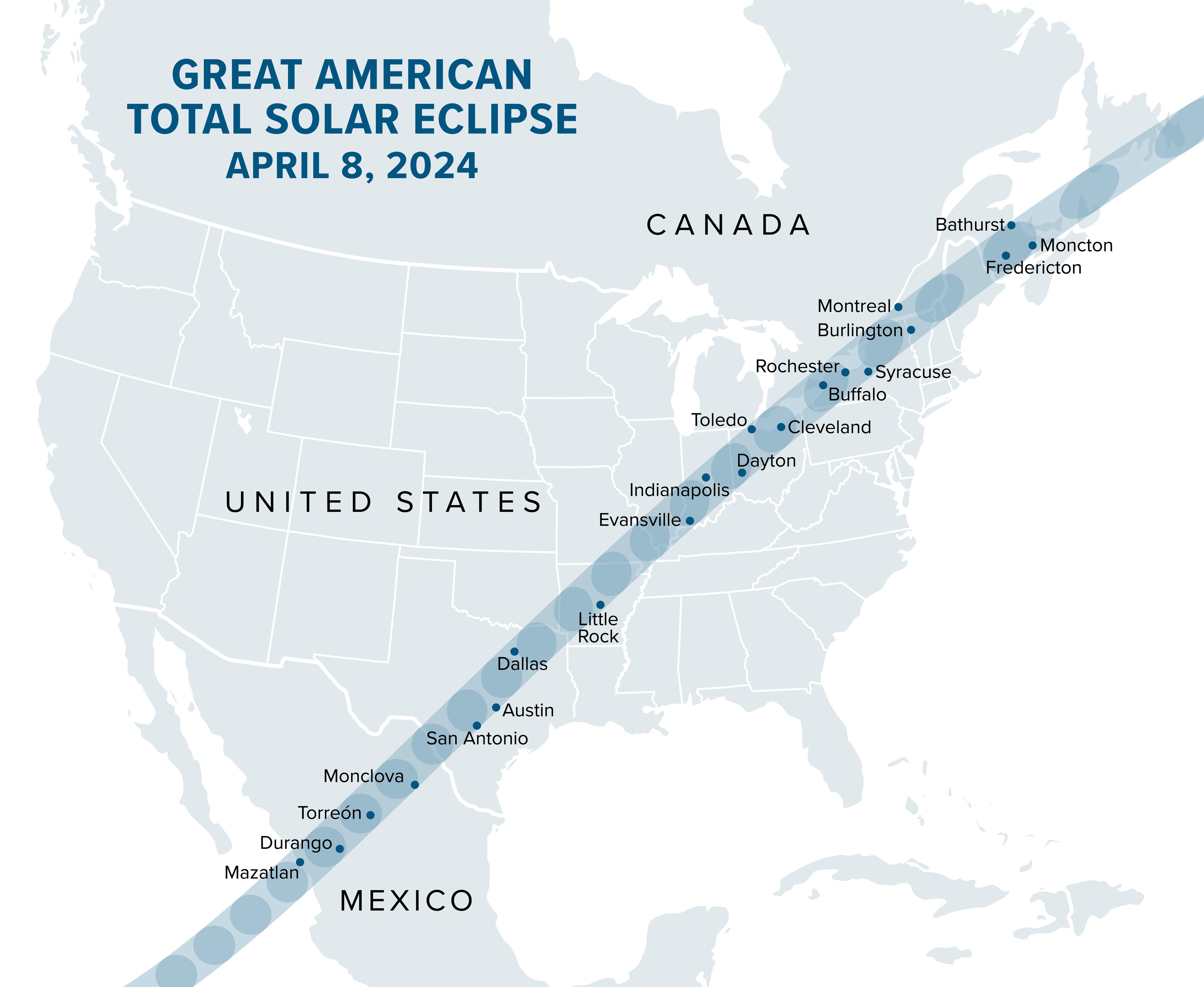 A map of the path of the April 8, 2024 solar eclipse in America