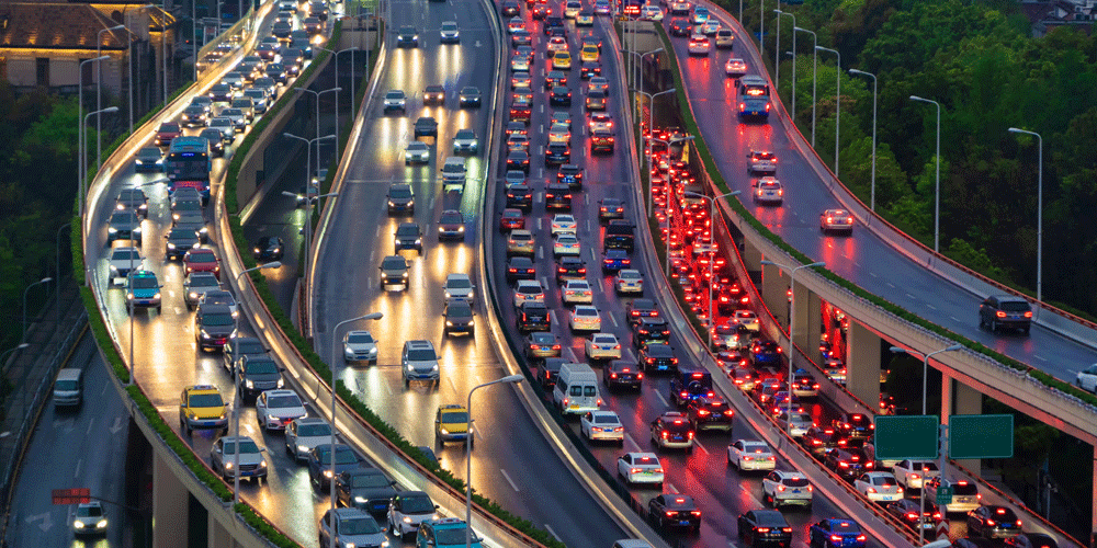 Congested roads at dusk.