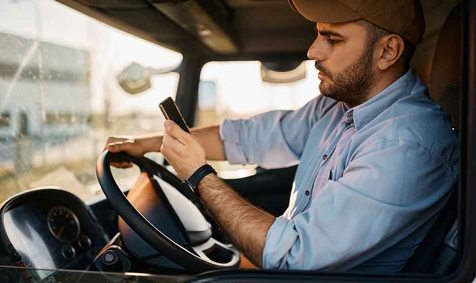 Professional Truck Driver On Cell Phone in Truck