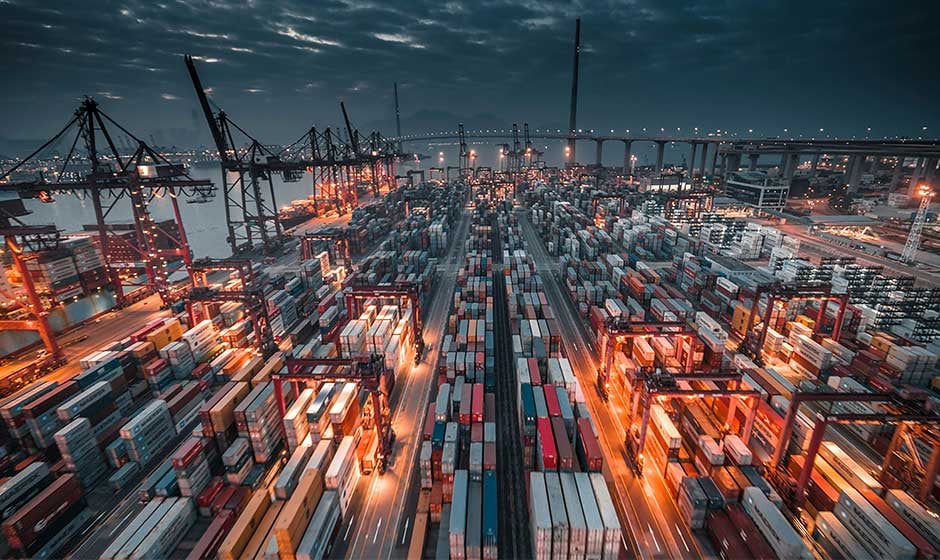 Overhead photo of container port at night