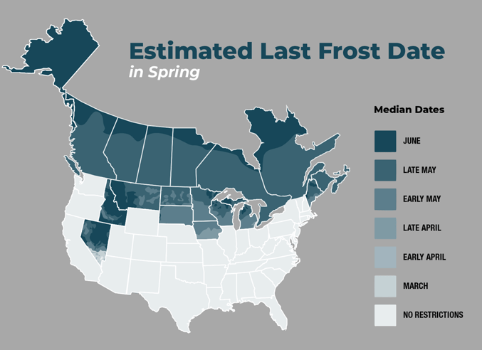 Estimated last frost date in states and provinces impacted by frost restrictions