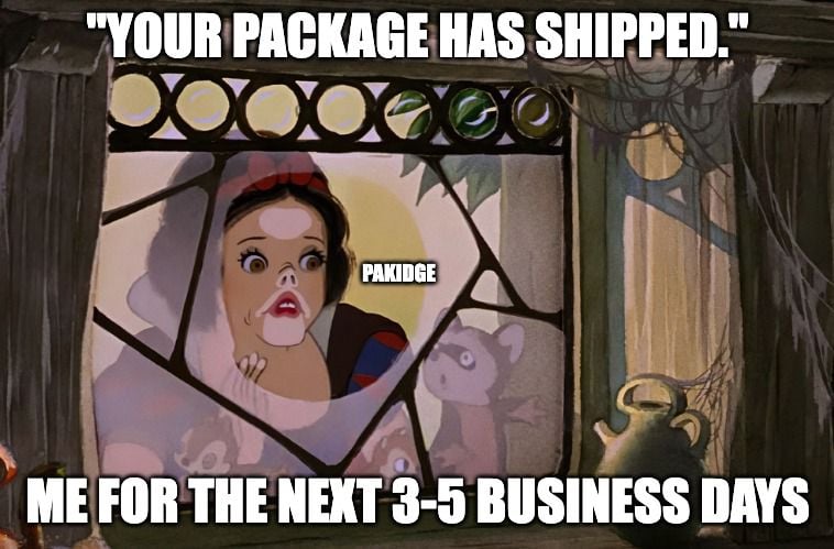 A meme image parodying Snow White with text about parcel shipping