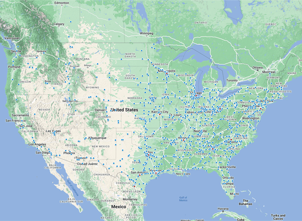 Map of United States with marks for truck drivers throughout