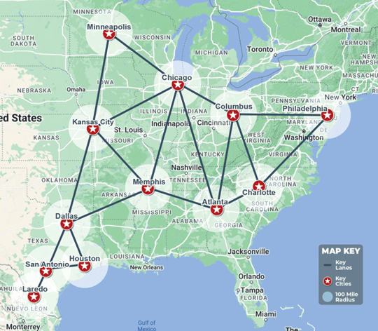 Map of ATS vans 18 power lanes eastern united states