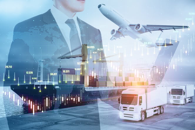Composite image of trucks, a container ship, cargo plane, and a businessperson reviewing transportation market figures