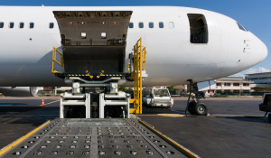 An aircraft as viewed from the cargo loading station