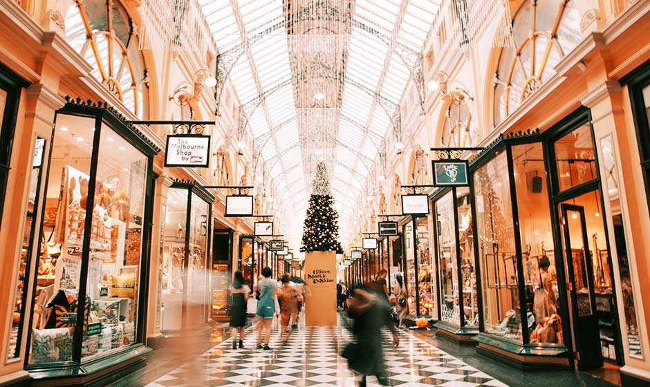 Shoppers at a retail center at holiday time