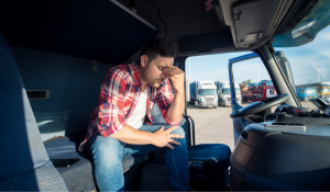 A trucker sits in the cab of his truck.