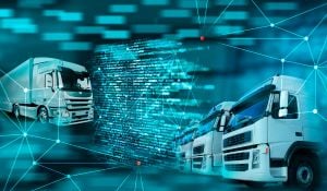Two trucks on a cyber blue background representing a network