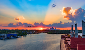 A freight vessel approaches the Port of Houston