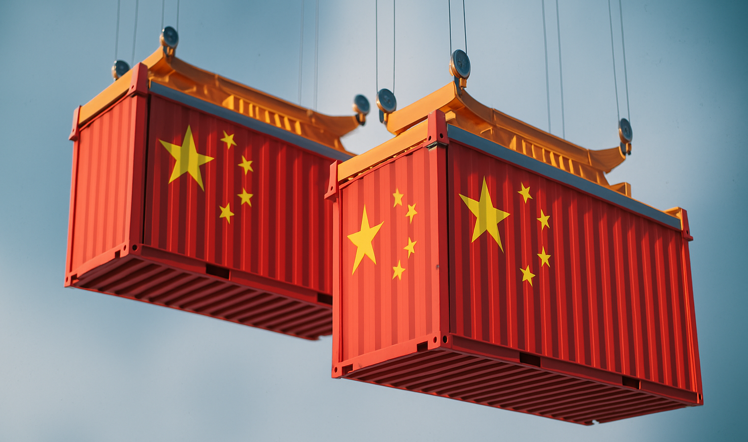 Cranes lift two shipping containers marked with the Chinese flag.