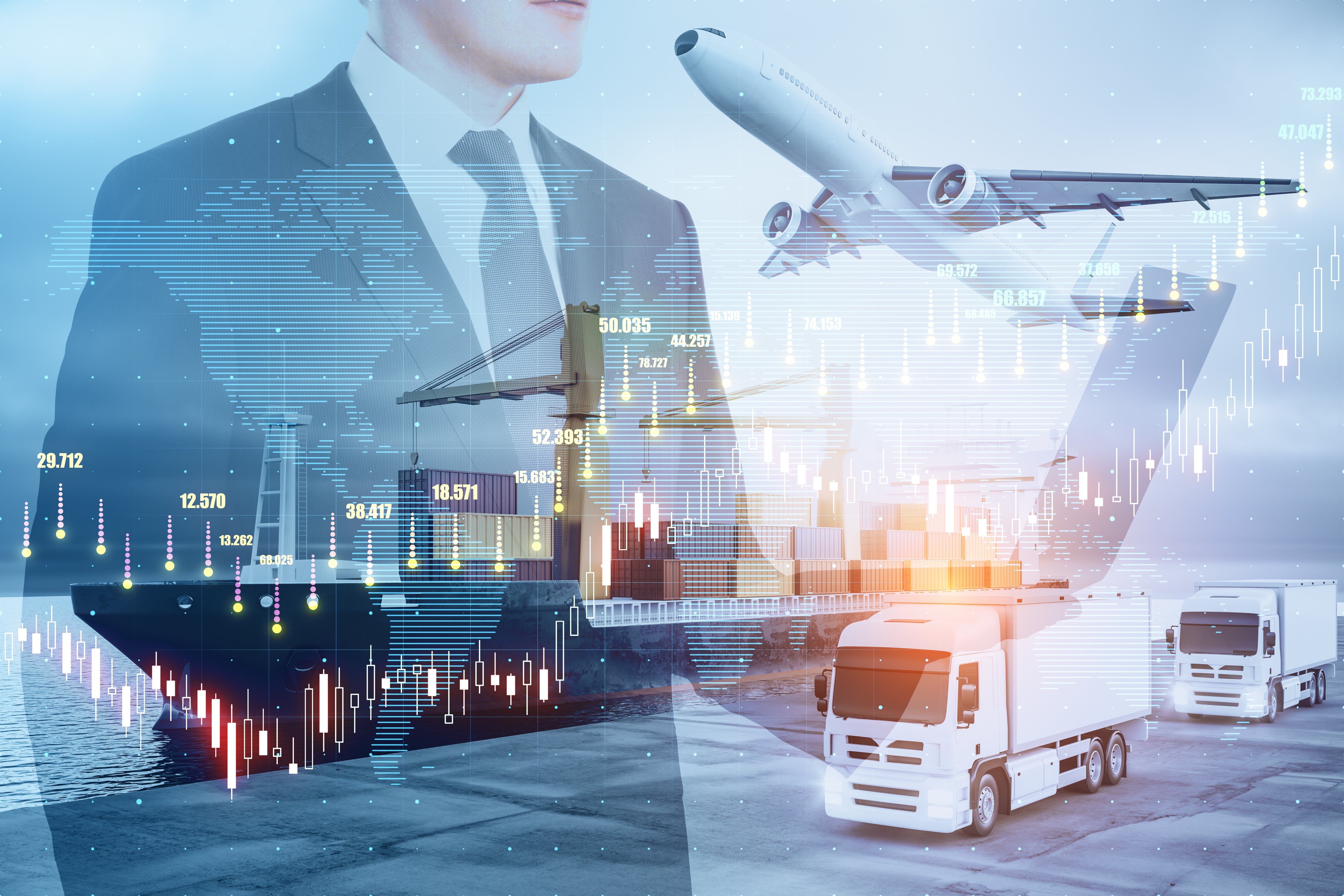A composite image of semi trucks, a container ship, cargo plane, and a business person reviewing transportation market figures